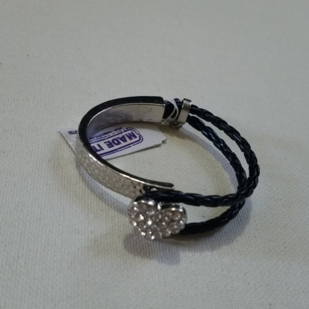 Silver Heart and Black Rope Bracelet